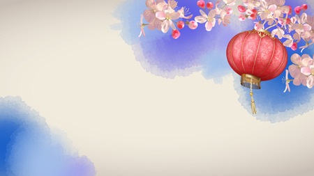 Traditional spring festival background with flowering plum branch and silk lantern. Chinese New Year backgroundのイラスト素材