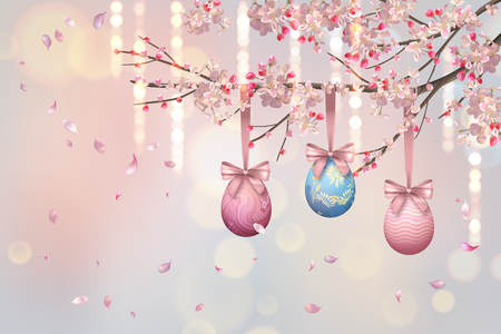 Easter vector background with blooming spring branches, hanging painted eggs and falling petalsのイラスト素材