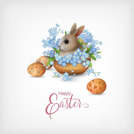Happy Easter Card. Vector basket full of spring flowers, painted eggs and cute little rabbit on white backgroundのイラスト素材