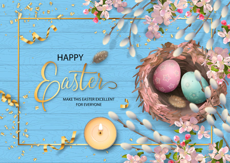 Easter holiday background with the nest, eggs, pussy willow branches, Apple blossoms, feathersのイラスト素材