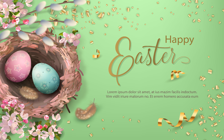 Easter holiday background with the nest, eggs, pussy willow branches, Apple blossoms, feathersのイラスト素材