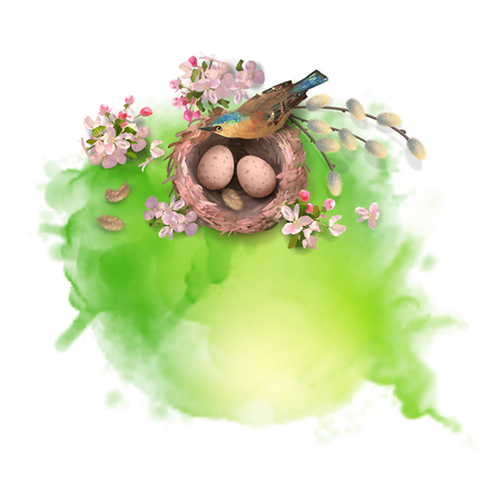 Floral vector springtime background. Abstract watercolor splash with a bird, willow branches and spring flowersのイラスト素材