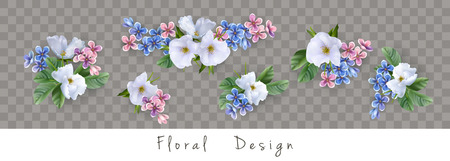 Set of floral vector bouquets. Design of different beautiful flowers isolated on transparent backgroundのイラスト素材