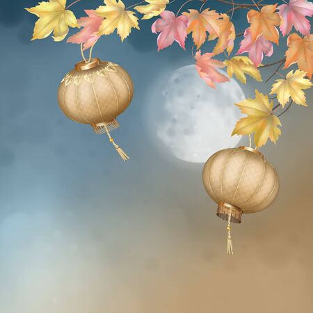 Hanging Chinese Paper Lanterns against night sky with the moon. Hanging branches with autumn leaves. Mid Autumn Festival greeting cardのイラスト素材