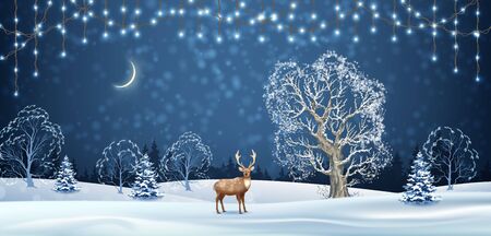 Christmas winter background. Vector holidays landscape with a deer. Winter night landscapeのイラスト素材