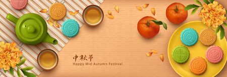 Mid autumn festival design. Teapot, tea cups, flowers and moon cakes. Top view vector illustration. Translation of Chinese characters - Mid Autumn Festivalのイラスト素材
