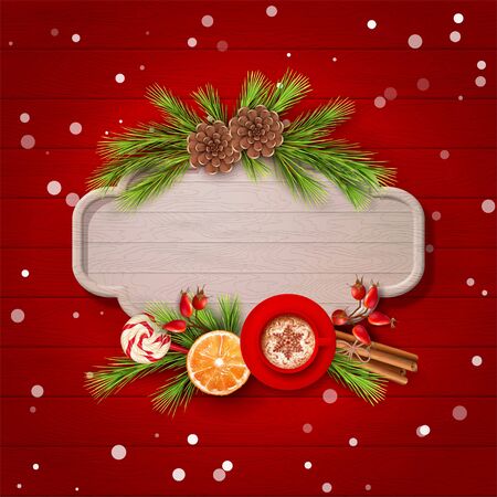 Christmas Wooden Signboard with fir branches, a cup of coffee, pine cones and holiday decorationsのイラスト素材