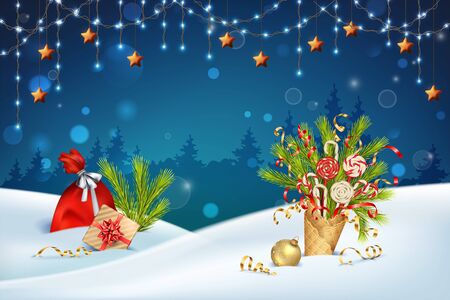 Christmas holiday background. Vector winter night landscape with light bulb garland. Red sack, gifts and waffle cone with coniferous branches in the snowの写真素材