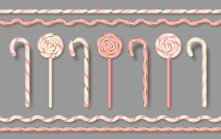 Christmas Candy Lollipops. Set of realistic candy cane and a patterned border. Vector illustrationのイラスト素材