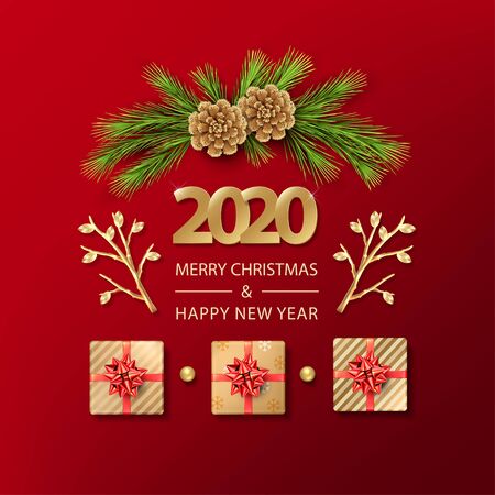 Abstract vector Christmas and New Year background with 2020 Numbers, with ornaments and giftsのイラスト素材