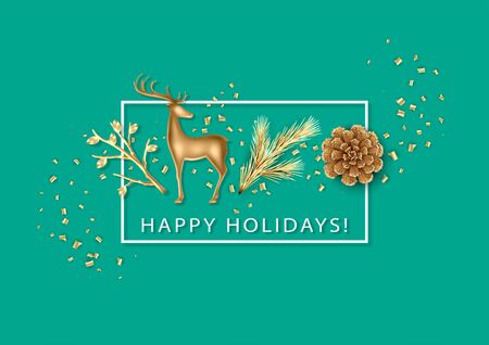 Christmas and New Year holiday minimalistic background. Realistic Christmas decorations, gold figurine of a deer and pineconeのイラスト素材