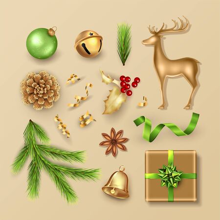 Set of christmas items and decorations in gold and green colors. Realistic vector icon setのイラスト素材