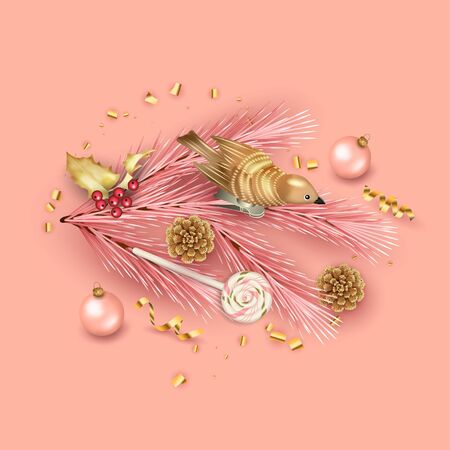 Christmas festive ornament. Holiday decorations. The branches of the Christmas tree, a toy bird and Christmas decorationsの写真素材