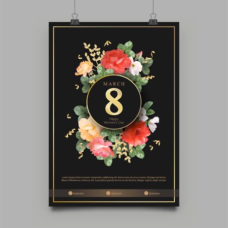 Women's Day Poster Template. Gold frame and beautiful roses on a black background. Retro cardのイラスト素材