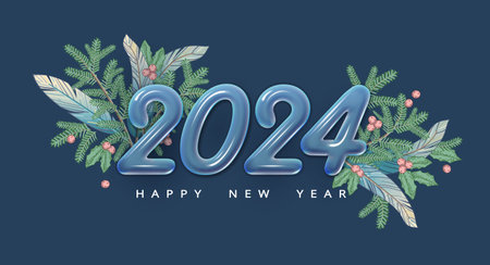 New Year 2024 banner with glass letters and decorative flat fir branches and Christmas decorations