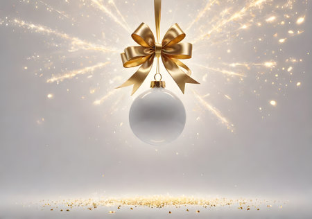 Christmas and New Year holiday background. Shiny Christmas banner with a ball decorated with golden bow in sparks of lightの素材