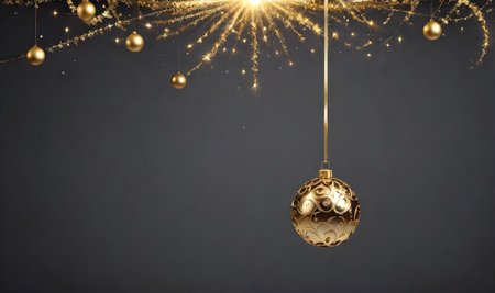 Christmas and New Year holiday background. Shiny Christmas banner with golden Christmas ball in sparks of lightの素材