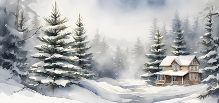 Winter watercolor landscape with fir trees and a house. Digital artistic watercolor drawingの素材