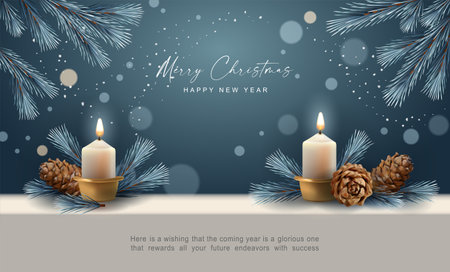 Merry Christmas and Happy New Year banner. Christmas composition of burning candle and the branches of the Christmas treeのイラスト素材