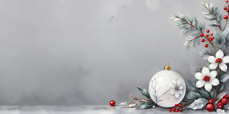 Christmas and New Year holiday. Winter white flowers, berries and Christmas decorations. Digital paintingの素材