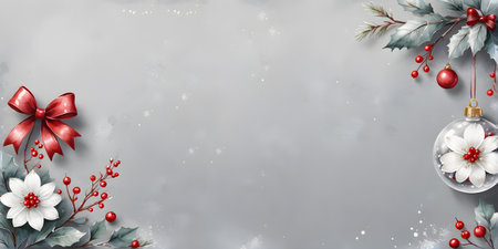 Christmas and New Year holiday. Winter white flowers, berries and Christmas decorations. Digital paintingの素材
