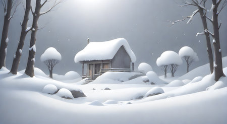 Winter watercolor landscape with trees and a house. Digital artistic watercolor drawingの素材