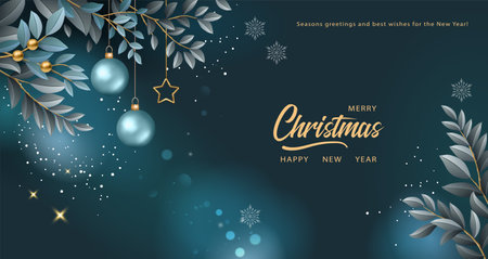 Christmas banner. A composition of Christmas decorations, golden twigs with leaves and snowflakes. Dark background.のイラスト素材