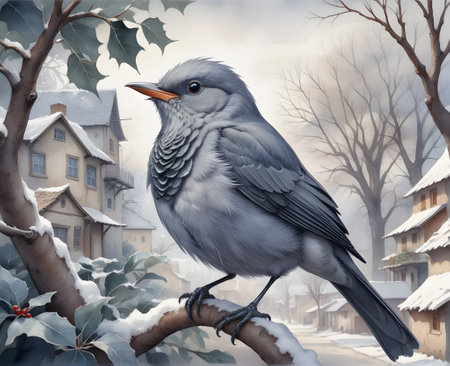 A gray bird sits on a tree branch in the village. Winter rural landscapeの素材
