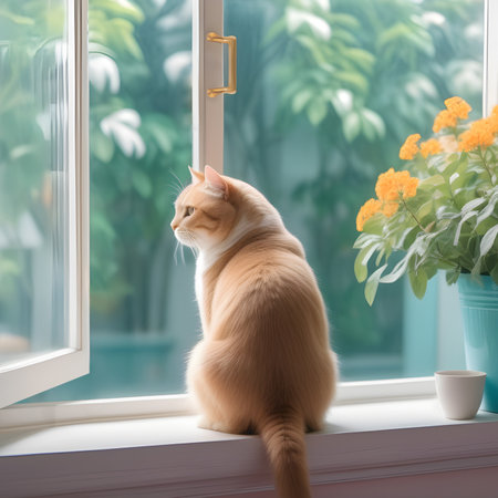 Red cat sitting on windowsill and looking out windowの素材