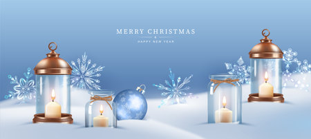 Merry Christmas and Happy New Year banner. Christmas winter landscape. Christmas composition of burning candle in a clear glass jar, lantern and Christmas balls lie in the snowのイラスト素材