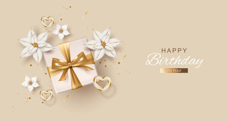 Birthday greeting banner. Holiday composition with white beautiful flowers, hearts and gift box with a golden bowのイラスト素材
