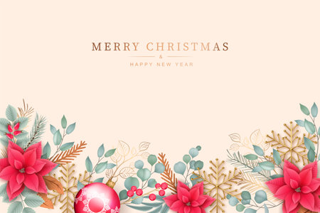 Minimalistic Christmas and New Year background. Both hand drawn and realistic three-dimensional decorative elements. Poinsettia, twigs of eucalyptus and spruce, golden snowflakes and twigs.のイラスト素材