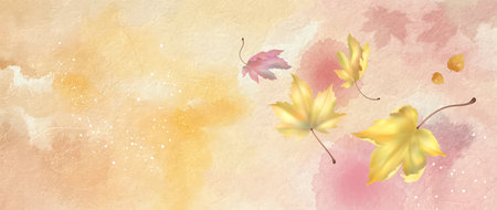 Watercolor abstract autumn banner with maple leaves and paint stainsのイラスト素材