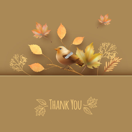Thank you card. Autumn banner with a bird and fall leavesのイラスト素材