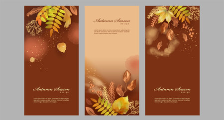 Set of Watercolor Autumn banners with fall leaves, paint stains and drawn plants. Abstract autumn collageのイラスト素材
