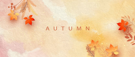 Abstract autumn collage. Watercolor banner with maple leaves, paint stains and drawn plantsのイラスト素材