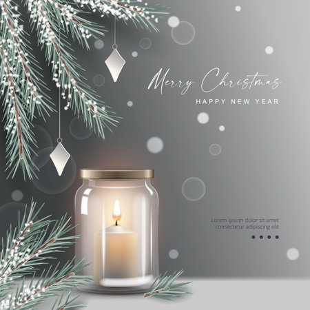 Merry Christmas and Happy New Year banner. Christmas composition of burning candle in a clear glass jar and the branches of the Christmas treeのイラスト素材