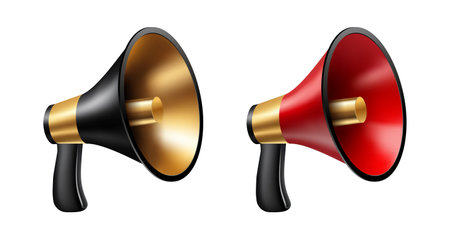 Set of decorative gold, black and red megaphones on white backgroundのイラスト素材