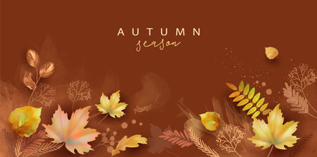 Abstract autumn collage. Watercolor banner with maple leaves, paint stains and drawn plantsのイラスト素材