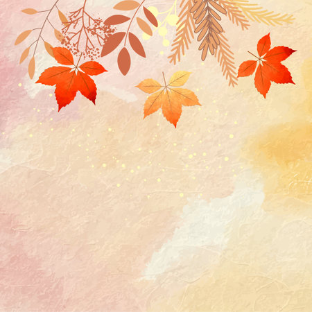 Abstract autumn collage. Watercolor banner with maple leaves, paint stains and drawn plantsのイラスト素材