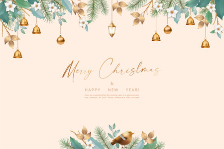 Minimalistic Christmas and New Year background. Elegant Christmas design with pine branches, Christmas bells and birdのイラスト素材