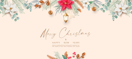 Minimalistic Christmas and New Year background. Elegant Christmas design with lantern and poinsettia flowersのイラスト素材