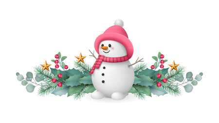 Christmas garland with a cute snowman in knitted hat with a scarf, fir branches, golden stars and red berries on a white background. Christmas and New Year bannerのイラスト素材