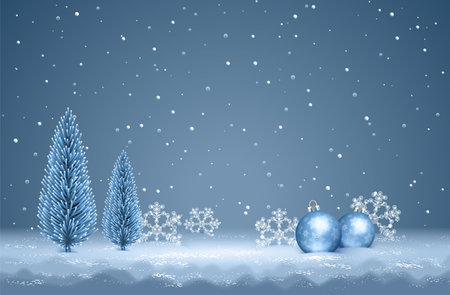 Winter night landscape with fir trees, snowflakes and Christmas balls. Background for Christmas and New Year bannerのイラスト素材