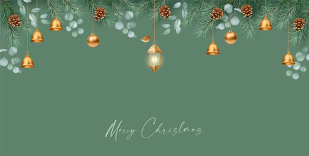 Minimalistic Christmas and New Year background. Elegant Christmas design with pine branches, a Christmas ball and lanternのイラスト素材