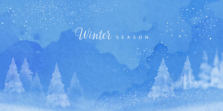 Delicate watercolor winter banner. Artistic drawing of a winter snow-covered forest. Abstract Christmas background in blue tonesのイラスト素材