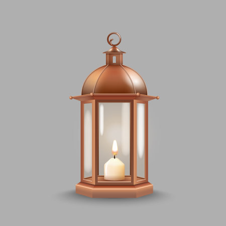 Vintage copper lantern with glowing candle. Realistic luminous lamp on gray backgroundのイラスト素材