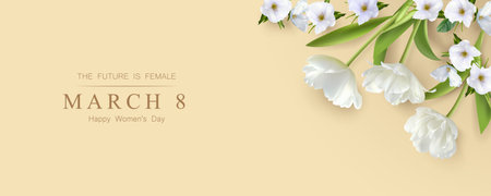 Women's Day background with flowers. 8 March banner with white spring flowers and beautiful tulipsのイラスト素材