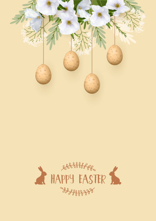 Happy Easter poster with hanging eggs, white flowers and hand drawn plantsのイラスト素材