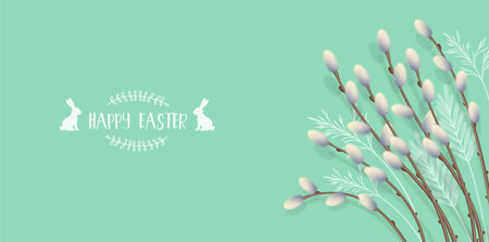 Happy Easter banner with willow branches and hand drawn plantsのイラスト素材